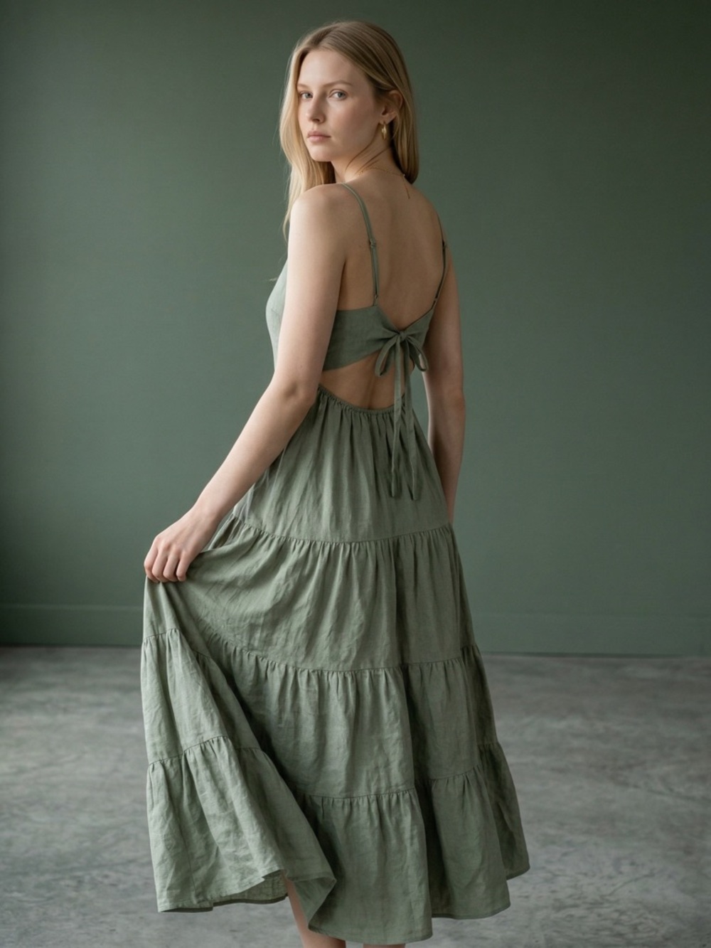 Petal & Pup Sage Green Tiered Midi Dress